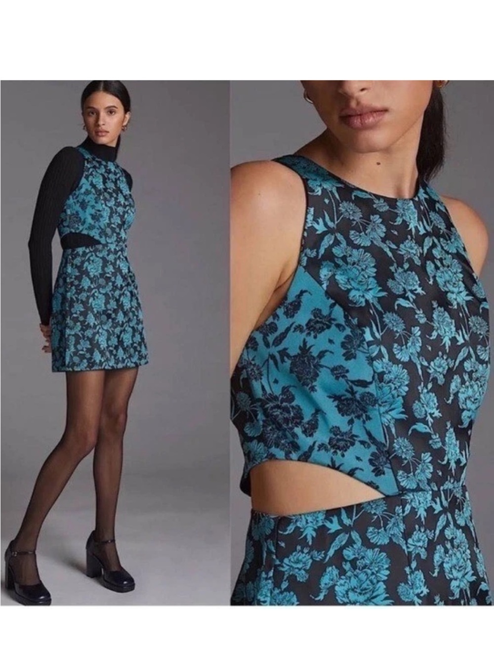 Hutch for Anthropologie teal and black floral jacquard mini dress side cutouts